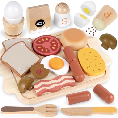 Airlab Toy Food for Toddler 35 Pretend Play Kids Kitchen Playset Breakfast Cutting Food Girl Boy Birthday Gift Age 3 4 5 6 Year Old Wood Educational Toys Kitchen Accessories - Image 1