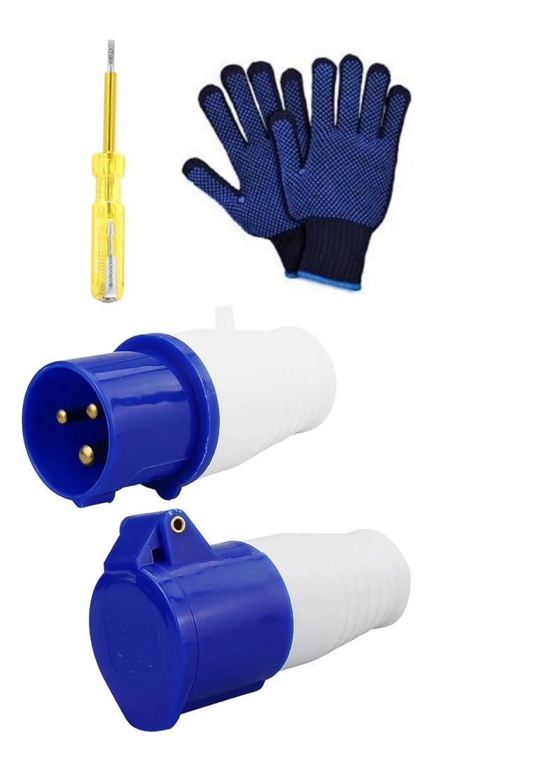 ABBASALI 16A 240V Site Trailing Plug & Socket 230V 16A 3 Pin PCE 240 Volt Blue Hook Up, Weather Proof Industrial Socket, IP44 Industrial 16A Plug & Sockets Blue With 1Pc Tester & 1Pair Gloves (2 Set)  - Image 1