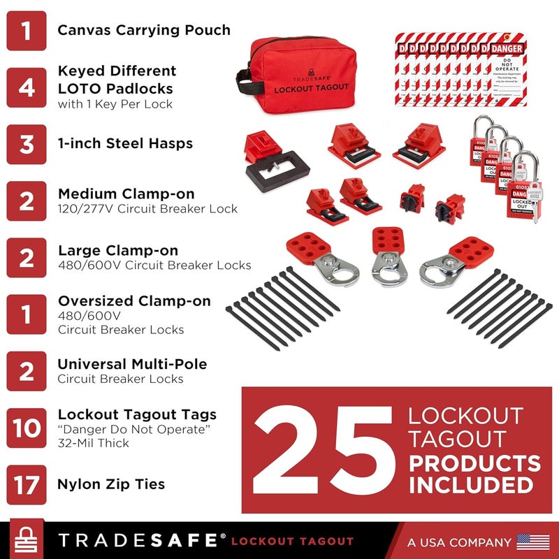 TRADESAFE Breaker Lockout Tagout Electrical Loto Kit, 120/277V to 480/600V Circuit Breaker Lockout, Hasps, Lockout Tags, Keyed Different Red Loto Locks (1 Key Each); Devices for Station Refill - Image 2