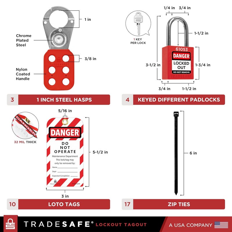 TRADESAFE Breaker Lockout Tagout Electrical Loto Kit, 120/277V to 480/600V Circuit Breaker Lockout, Hasps, Lockout Tags, Keyed Different Red Loto Locks (1 Key Each); Devices for Station Refill - Image 3