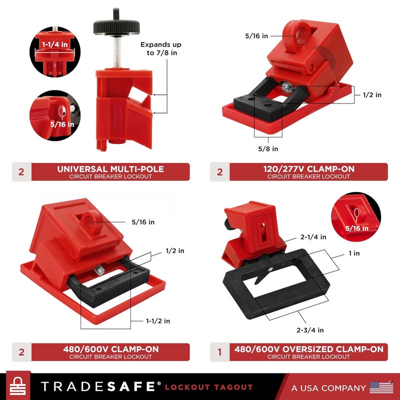 TRADESAFE Breaker Lockout Tagout Electrical Loto Kit, 120/277V to 480/600V Circuit Breaker Lockout, Hasps, Lockout Tags, Keyed Different Red Loto Locks (1 Key Each); Devices for Station Refill - Image 4