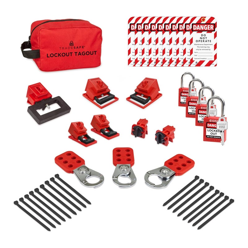 TRADESAFE Breaker Lockout Tagout Electrical Loto Kit, 120/277V to 480/600V Circuit Breaker Lockout, Hasps, Lockout Tags, Keyed Different Red Loto Locks (1 Key Each); Devices for Station Refill - Image 1