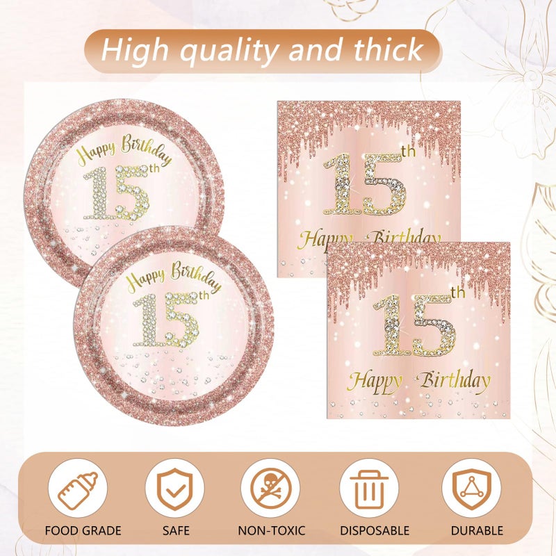 SNIMICS 15th Birthday Decorations for Girls,Rose Gold 15 Year Old Birthday Party Supplies Include 15th Birthday Party Plates and Napkins,Tablecloth Kit,15 Birthday Tableware Set for Girls Teen Party Decor - Image 4