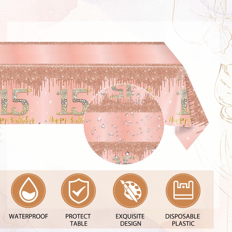 SNIMICS 15th Birthday Decorations for Girls,Rose Gold 15 Year Old Birthday Party Supplies Include 15th Birthday Party Plates and Napkins,Tablecloth Kit,15 Birthday Tableware Set for Girls Teen Party Decor - Image 5