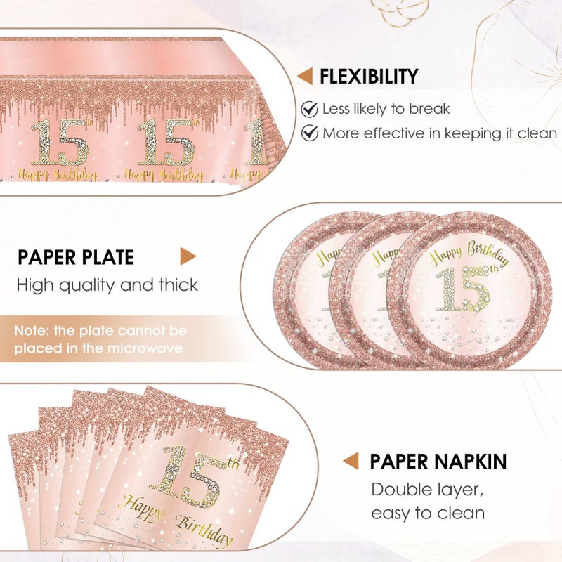 SNIMICS 15th Birthday Decorations for Girls,Rose Gold 15 Year Old Birthday Party Supplies Include 15th Birthday Party Plates and Napkins,Tablecloth Kit,15 Birthday Tableware Set for Girls Teen Party Decor - Image 3