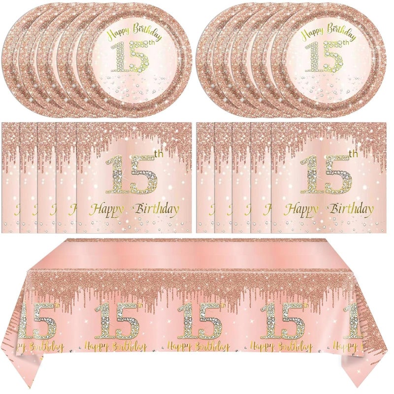 SNIMICS 15th Birthday Decorations for Girls,Rose Gold 15 Year Old Birthday Party Supplies Include 15th Birthday Party Plates and Napkins,Tablecloth Kit,15 Birthday Tableware Set for Girls Teen Party Decor - Image 1