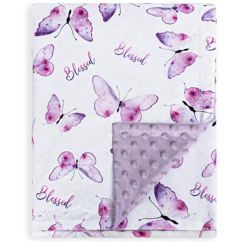 BORITAR Baby Blanket for Girls Soft Plush Minky Fabric Double Layer Dotted Backing with Elegant Purple Butterfly Printed Blessed Blanket Gift for Toddler Newborn Infant 30 x 40 Inch75x100cm - Image 1