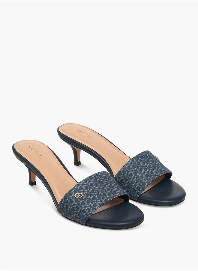 Celeste Women's Monogram Print Open Toe Sandals with Kitten Heels