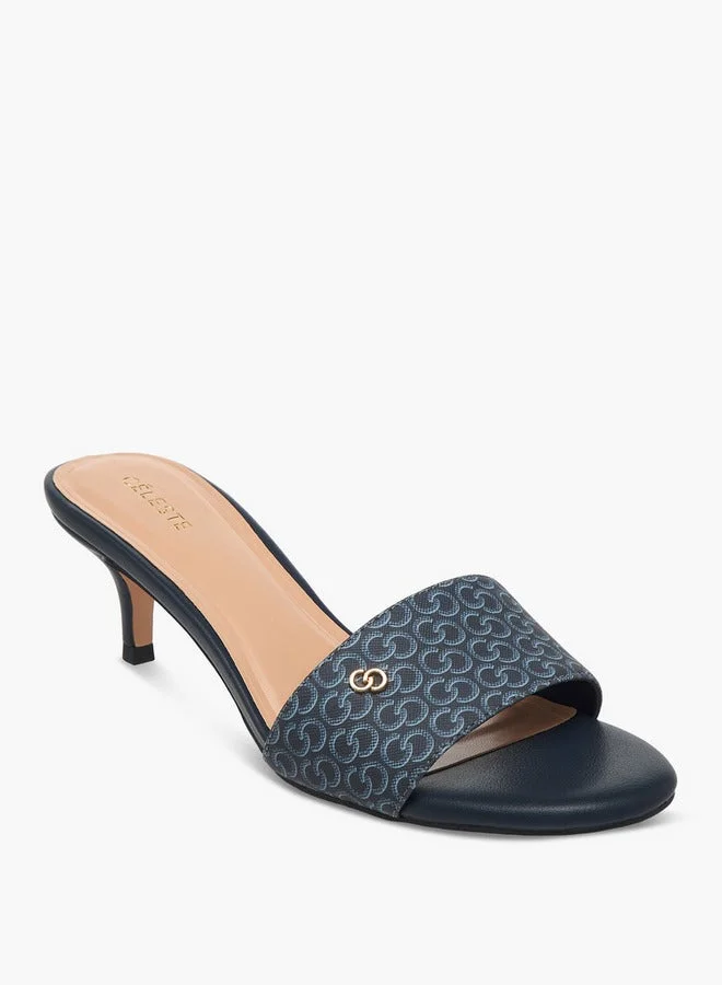 Celeste Women's Monogram Print Open Toe Sandals with Kitten Heels