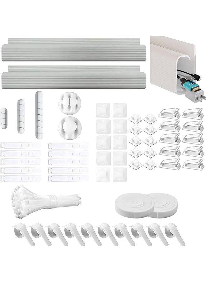 S-TOP 159PCS Cable Management Kit Cable Holder Wire Organizer Electrical Ties Straps Sleeves Cables Wall Clips for Home Desk Zip TV PC Computer Power Cord USB Office White - Image 1