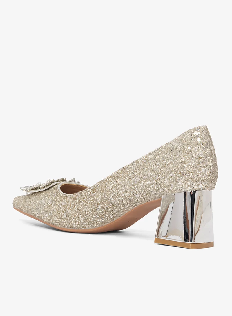 Ella Limited Edition Silver Diamonte Rhinestone Embellished Detail Block Heel Pumps for Women | Best Price UAE