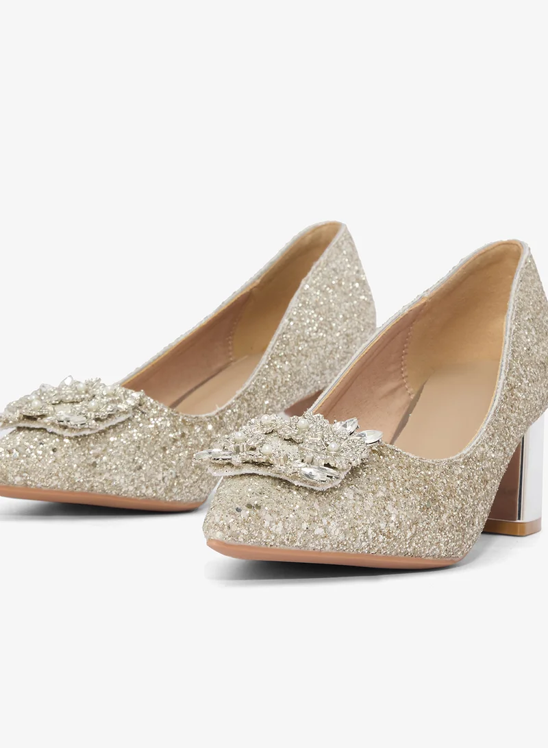 Ella Limited Edition Silver Diamonte Rhinestone Embellished Detail Block Heel Pumps for Women | Best Price UAE
