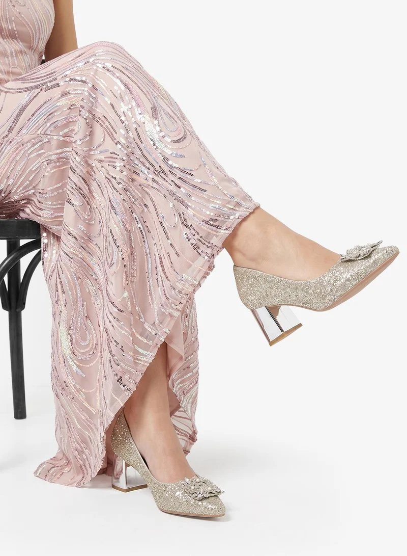 Ella Limited Edition Silver Diamonte Rhinestone Embellished Detail Block Heel Pumps for Women | Best Price UAE