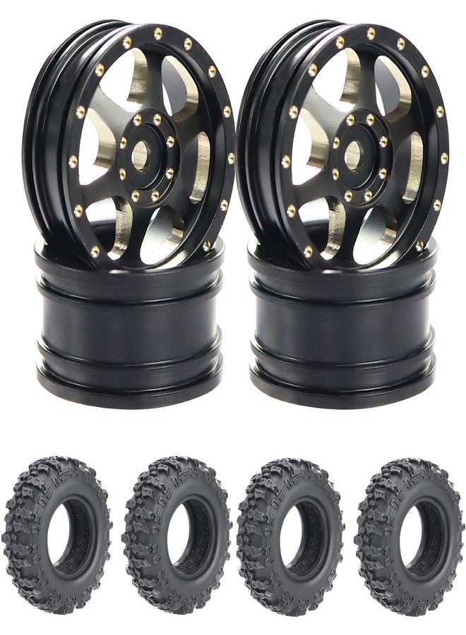 مجموعة عجلات SCX30 نحاسية بإزاحة 0.7 بوصة مكونة من 4 قطع مع إطارات مطاطية وحشوة إسفنجية لسيارات AXIAL SCX30 Ford Bronco JEEP WRANGLER JLU RC Crawler (مجموعة سوداء بستة ثقوب) - Image 1