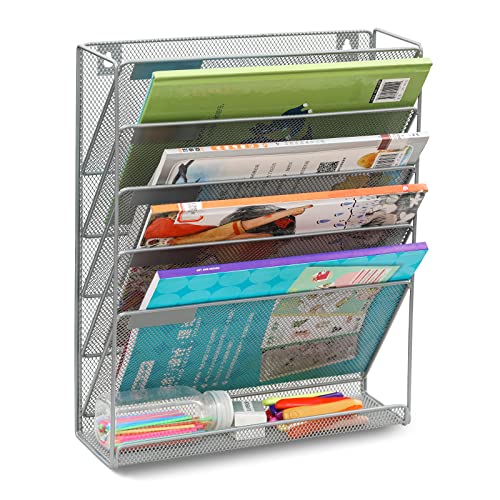EasyPAG 5 Tier Wall File Holder Mesh Hanging Folder Organizer with Classify Label, Versatile Desk File Holder, Vertical Wall Mounted Mail Organizer for Office Home Cubicle, Silver - Image 2