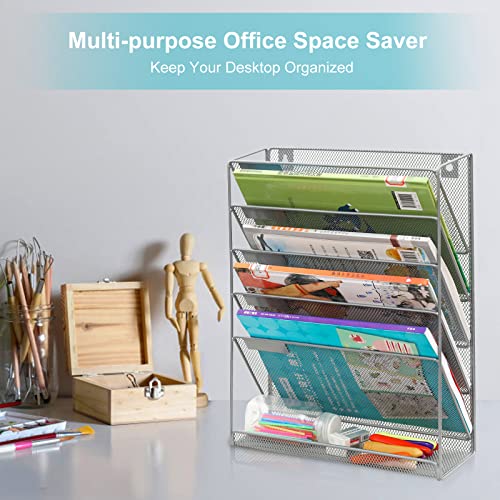 EasyPAG 5 Tier Wall File Holder Mesh Hanging Folder Organizer with Classify Label, Versatile Desk File Holder, Vertical Wall Mounted Mail Organizer for Office Home Cubicle, Silver - Image 4