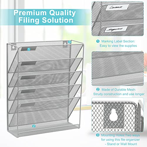 EasyPAG 5 Tier Wall File Holder Mesh Hanging Folder Organizer with Classify Label, Versatile Desk File Holder, Vertical Wall Mounted Mail Organizer for Office Home Cubicle, Silver - Image 3