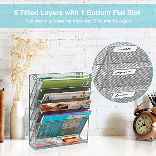 EasyPAG 5 Tier Wall File Holder Mesh Hanging Folder Organizer with Classify Label, Versatile Desk File Holder, Vertical Wall Mounted Mail Organizer for Office Home Cubicle, Silver - Image 5
