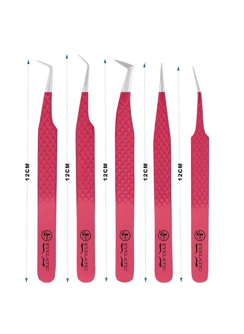 Generic Eyelatics Eyelash Extension Tweezers Set 5 PCS for Eyelash Extensions J2Stainless Steel Lash Tweezers for Volume Lash ExtensionsMaroon 