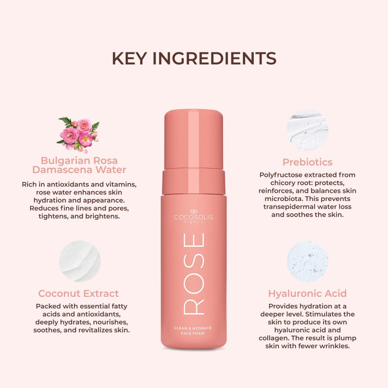 COCOSOLIS Rose Clean & Hydrate Face Foam Deep Pore Facial Cleansing Foam with Moisturising Hyaluronic Acid and Glycerine - Image 4