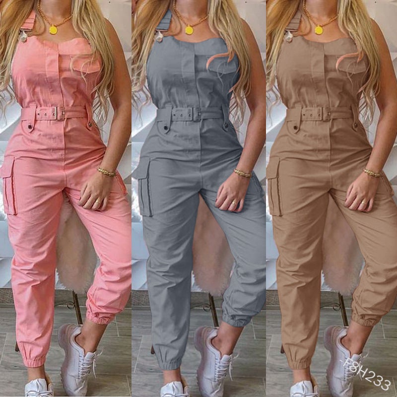 Independent Station Europe And America 2023Wish Women'S Workwear Jumpsuit Belt Sleeveless Strap Pants - Image 1