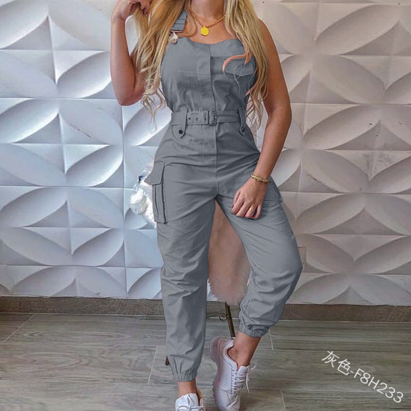 Independent Station Europe And America 2023Wish Women'S Workwear Jumpsuit Belt Sleeveless Strap Pants - Image 3