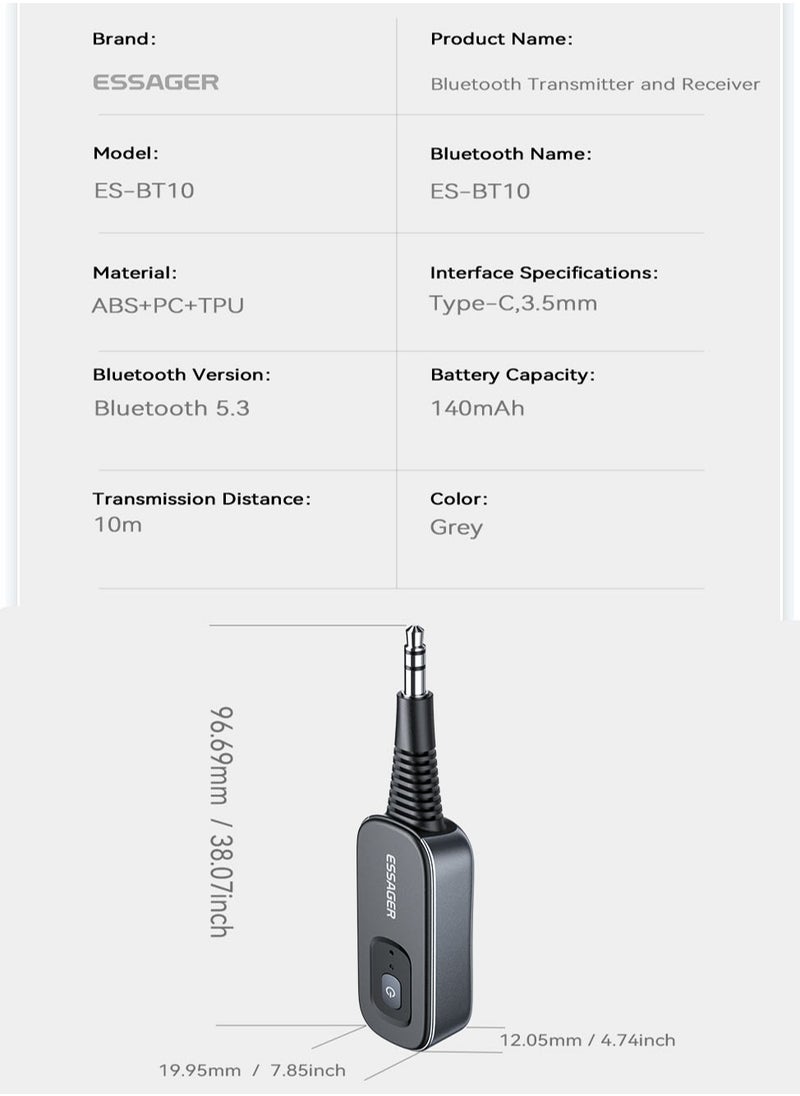 ESSAGER - Bluetooth 5.3 Audio Transceiver Wireless Bluetooth Transmitter and Receiver Adapter for Wireless Music Stream with Hand-free Call - Image 1