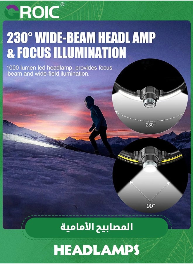 LED Headlamp Rechargeable, 1000 Lumen 270° Wide Beam LED Head lamp with Motion Sensor, Super Bright LED Running Headlamp for Runner, Waterproof Lightweight Headband Light for Camping Hard Hat