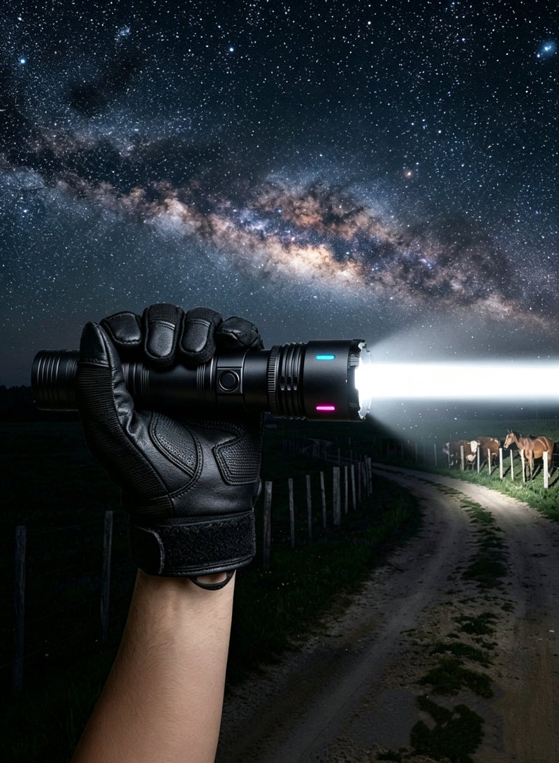 White Laser Tactical Flashlight, USB Type-C Rechargeable Zoomable LED Torch, Super Bright Waterproof Pocket Flashlight for Camping Hiking Emergency Outdoor，Black - Image 2