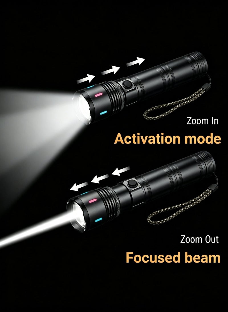 White Laser Tactical Flashlight, USB Type-C Rechargeable Zoomable LED Torch, Super Bright Waterproof Pocket Flashlight for Camping Hiking Emergency Outdoor，Black - Image 4