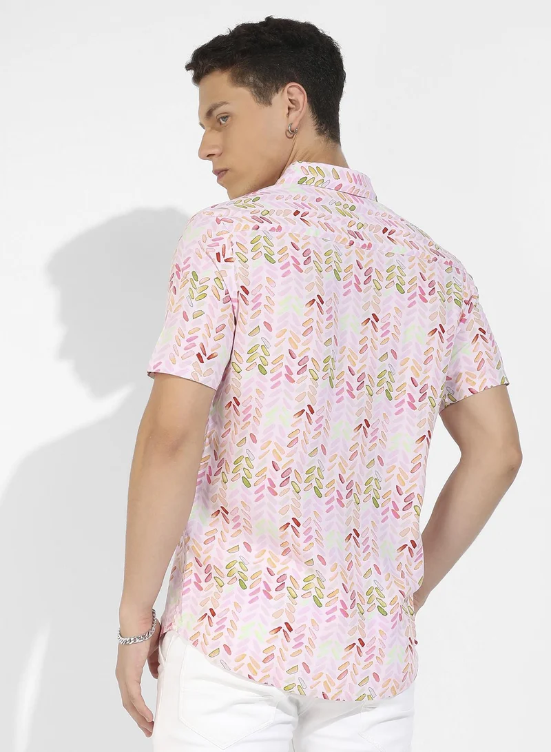 Campus Sutra Men's Pink Leaf Strokes Shirt