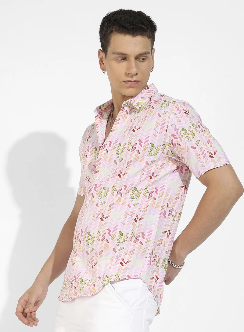 Campus Sutra Men's Pink Leaf Strokes Shirt