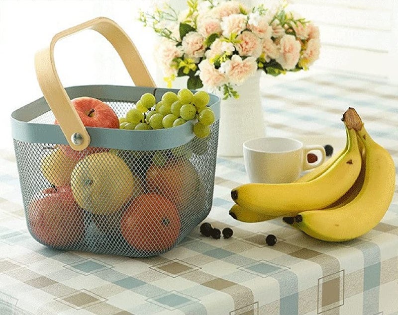 Luximal Multi-Purpose Metal Mesh Storage Organizer Fruit Rectangular Basket, Hanging Shopping Basket Kitchen Basket With Bamboo Handle Ideal For Bathroom, Pantry, Cabinet And Home (25 X 25 X 18 Cm) - Image 5