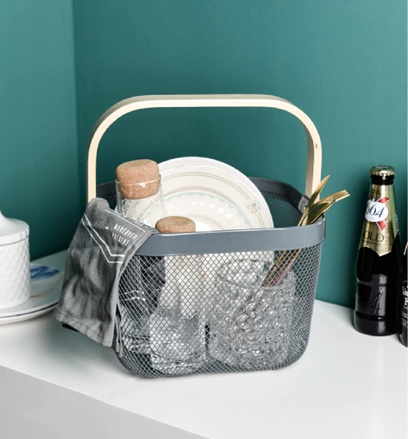 Luximal Multi-Purpose Metal Mesh Storage Organizer Fruit Rectangular Basket, Hanging Shopping Basket Kitchen Basket With Bamboo Handle Ideal For Bathroom, Pantry, Cabinet And Home (25 X 25 X 18 Cm) - Image 3