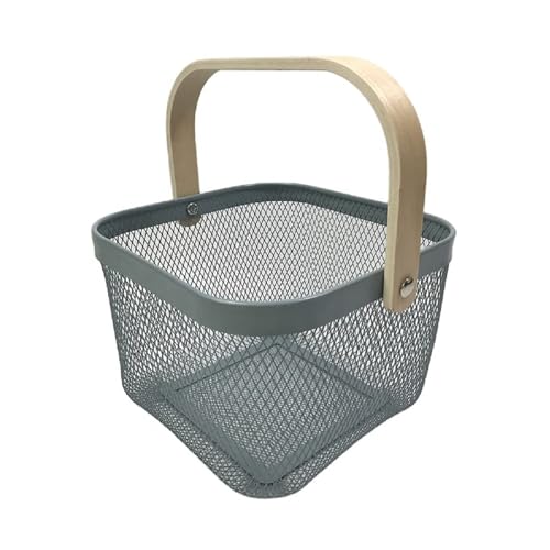 Luximal Multi-Purpose Metal Mesh Storage Organizer Fruit Rectangular Basket, Hanging Shopping Basket Kitchen Basket With Bamboo Handle Ideal For Bathroom, Pantry, Cabinet And Home (25 X 25 X 18 Cm) - Image 1