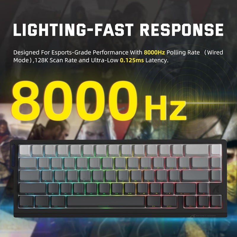 MAMBASNAKE لوحة مفاتيح ألعاب لاسلكية MAMBASNAKE X Attack Shark X68PRO HE 8KHz Rapid Trigger، BT/2.4G/كابل، مفتاح مغناطيسي بدقة 0.01 مم RT، تشغيل قابل للتعديل، 5000 مللي أمبير، RGB، تدرج أسود للكمبيوتر الشخصي/ماك - Image 4
