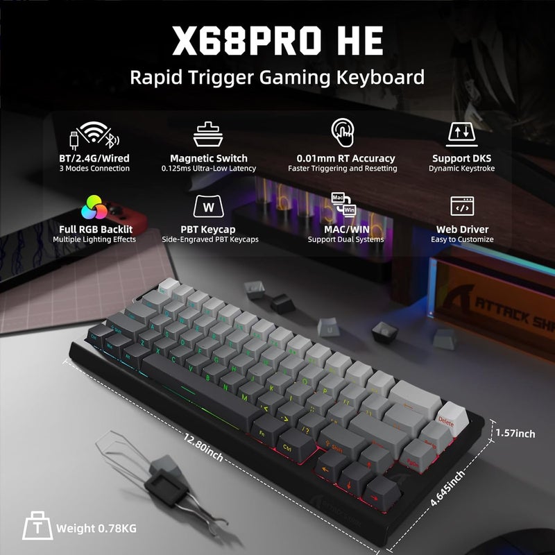 MAMBASNAKE لوحة مفاتيح ألعاب لاسلكية MAMBASNAKE X Attack Shark X68PRO HE 8KHz Rapid Trigger، BT/2.4G/كابل، مفتاح مغناطيسي بدقة 0.01 مم RT، تشغيل قابل للتعديل، 5000 مللي أمبير، RGB، تدرج أسود للكمبيوتر الشخصي/ماك - Image 2