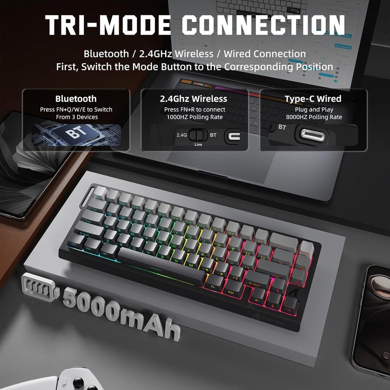 MAMBASNAKE لوحة مفاتيح ألعاب لاسلكية MAMBASNAKE X Attack Shark X68PRO HE 8KHz Rapid Trigger، BT/2.4G/كابل، مفتاح مغناطيسي بدقة 0.01 مم RT، تشغيل قابل للتعديل، 5000 مللي أمبير، RGB، تدرج أسود للكمبيوتر الشخصي/ماك - Image 3