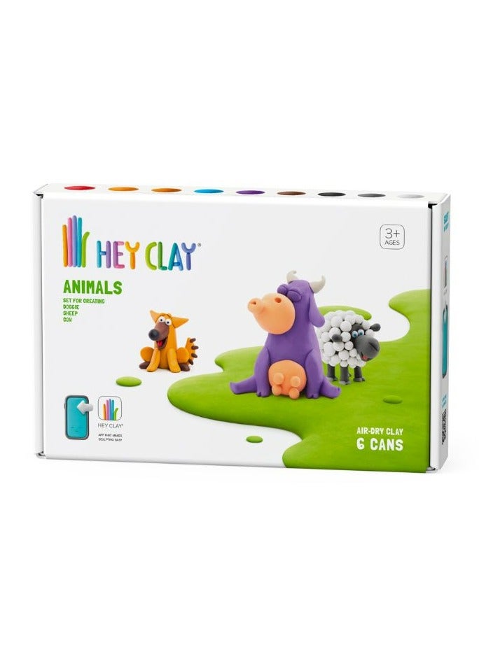 HEY CLAY DIY Animals: Cow, Doggie, Sheep Plastic Creative Modelling Air-Dry Clay For Kids 6 Cans  - Image 1