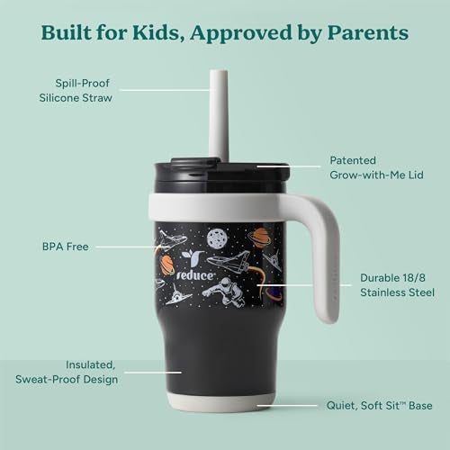 REDUCE 14 Oz Coldee Kids Tumbler with Lid and Straw - Coldee Insulated Travel Mug - Spill-Proof, Sweatproof Stainless Steel, BPA-Free - Includes Handle, Reusable Silicone Straw - Galaxy - Image 4