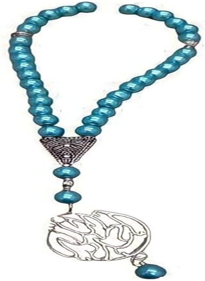 tag - turquoise rosary, consisting of 33 beads with a religious pendant. - Image 1