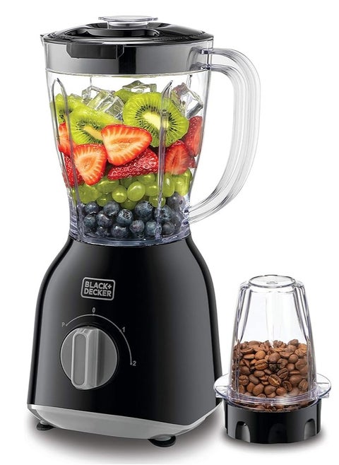 Black & Decker Blender with Grinder Mill, 400W, 2 x 1.0L Blender Jars,2-Speed + Pulse Control, Detachable Blades, Twist-to-Lock System, Anti-Slip Feet, For Coffee,Herbs & Smoothies, Black - BX365PR-B5