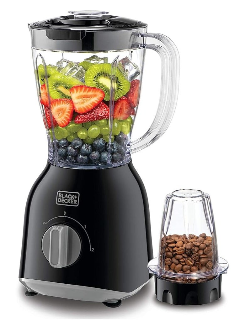 Black & Decker Blender with Grinder Mill, 400W, 2 x 1.0L Blender Jars,2-Speed + Pulse Control, Detachable Blades, Twist-to-Lock System, Anti-Slip Feet, For Coffee,Herbs & Smoothies, Black - BX365PR-B5
