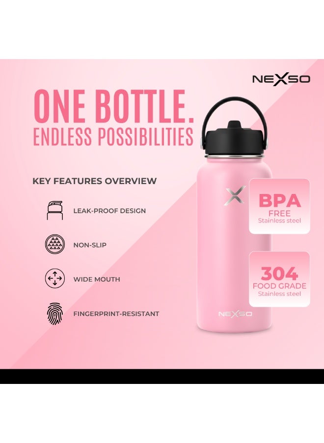 Nexso Stainless Steel Water Bottle | 1L Vacuum Insulated Bottle with 3 Leak-Proof Lids, 2 Straws, Straw Brush & Carrying Bag – Hot & Cold Flask for Gym, Travel, Office & Outdoor Use - Image 3