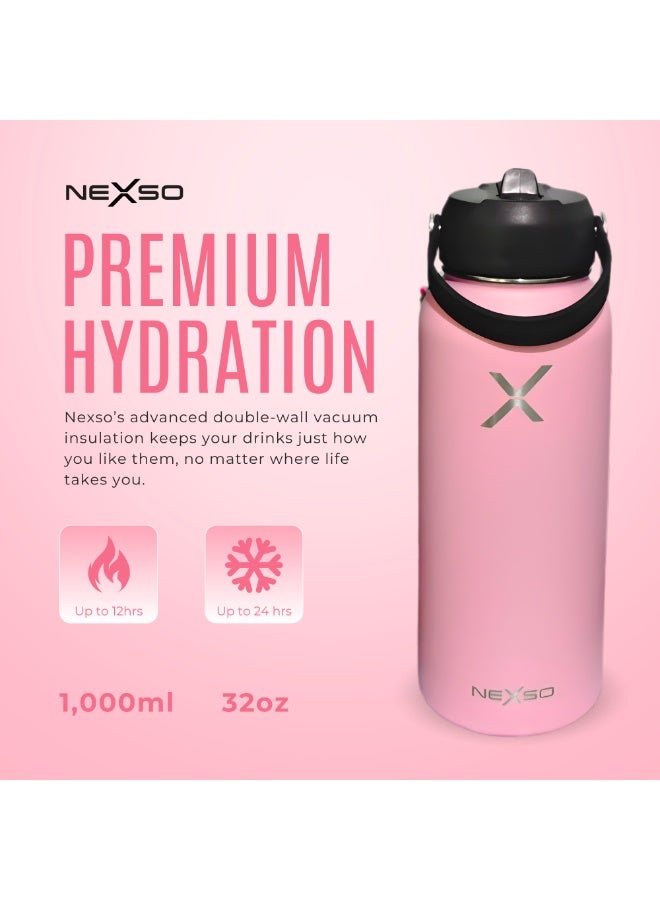 Nexso Stainless Steel Water Bottle | 1L Vacuum Insulated Bottle with 3 Leak-Proof Lids, 2 Straws, Straw Brush & Carrying Bag – Hot & Cold Flask for Gym, Travel, Office & Outdoor Use - Image 2
