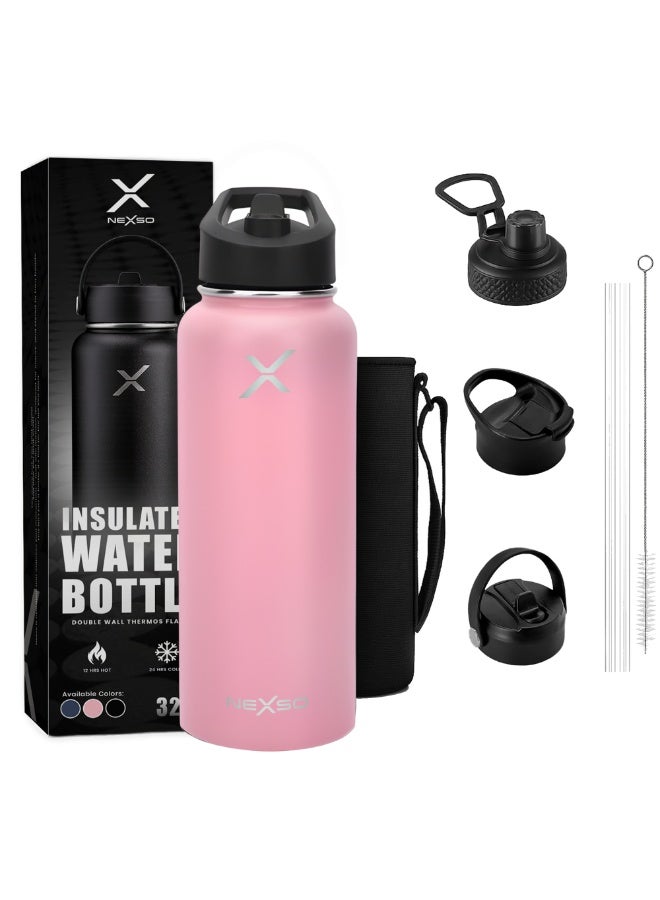 Nexso Stainless Steel Water Bottle | 1L Vacuum Insulated Bottle with 3 Leak-Proof Lids, 2 Straws, Straw Brush & Carrying Bag – Hot & Cold Flask for Gym, Travel, Office & Outdoor Use - Image 1