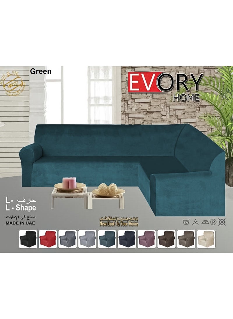 EVORY HOME Sofa Covers L Shape Velvet 5.5 Meter Slip Resistant and Highly Stretchy Green  - Image 1