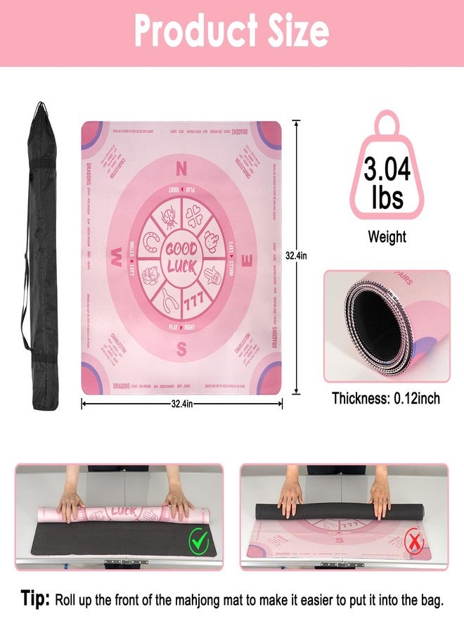 QUEENLINK Mahjong Table Mat with Rules, 32.5" x 32.5" Anti-Slip Neoprene Table Cloth, Noise-Reduction Game Mat with Portable Bag for Card, Board and Tile Games - Pink - Image 3