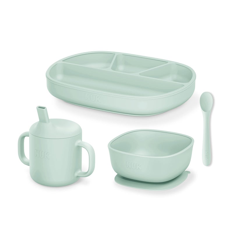 NUK Silicone Baby Tableware Bundle Includes 1 Plate 1 Bowl 1 Cup 1 Spoon Durable Suction Feature Helps Reduce Spills MicrowaveSafe BPAFree