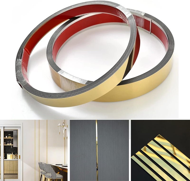 VICTAC Flexible SelfAdhesive Stainless steel PVD coated 8K Mirror Gold finish Flat trim patti Strip profile 25mm x 164ft5mtr Pack of 1 roll for wall Decoration Furniture Highlighters  - Image 2